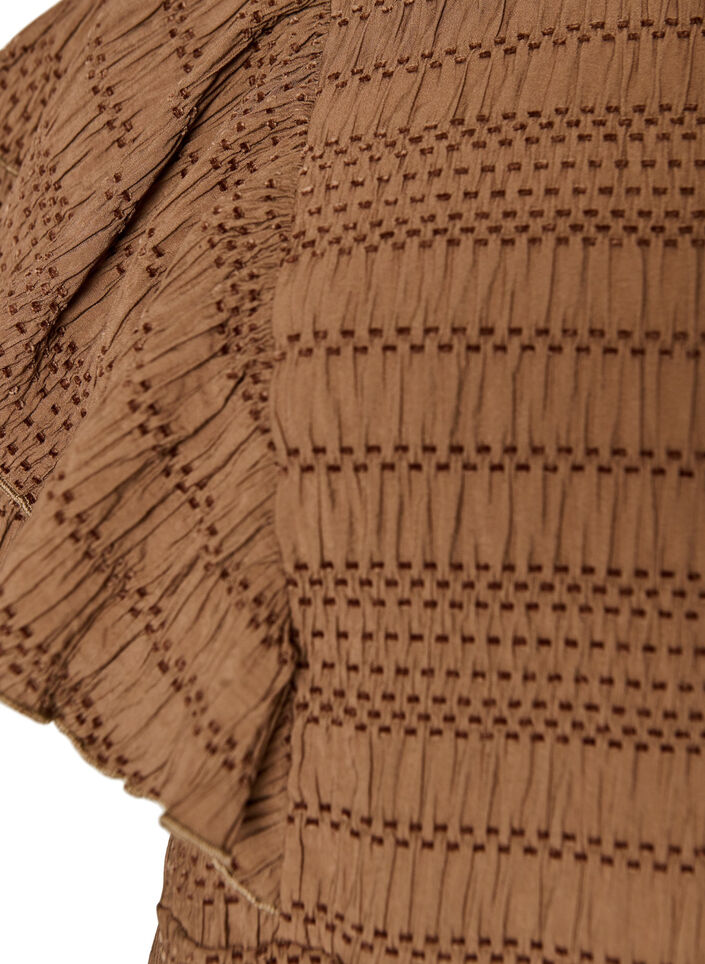 Blouse with smocked texture and ruffle sleeves, Brown, Packshot image number 2