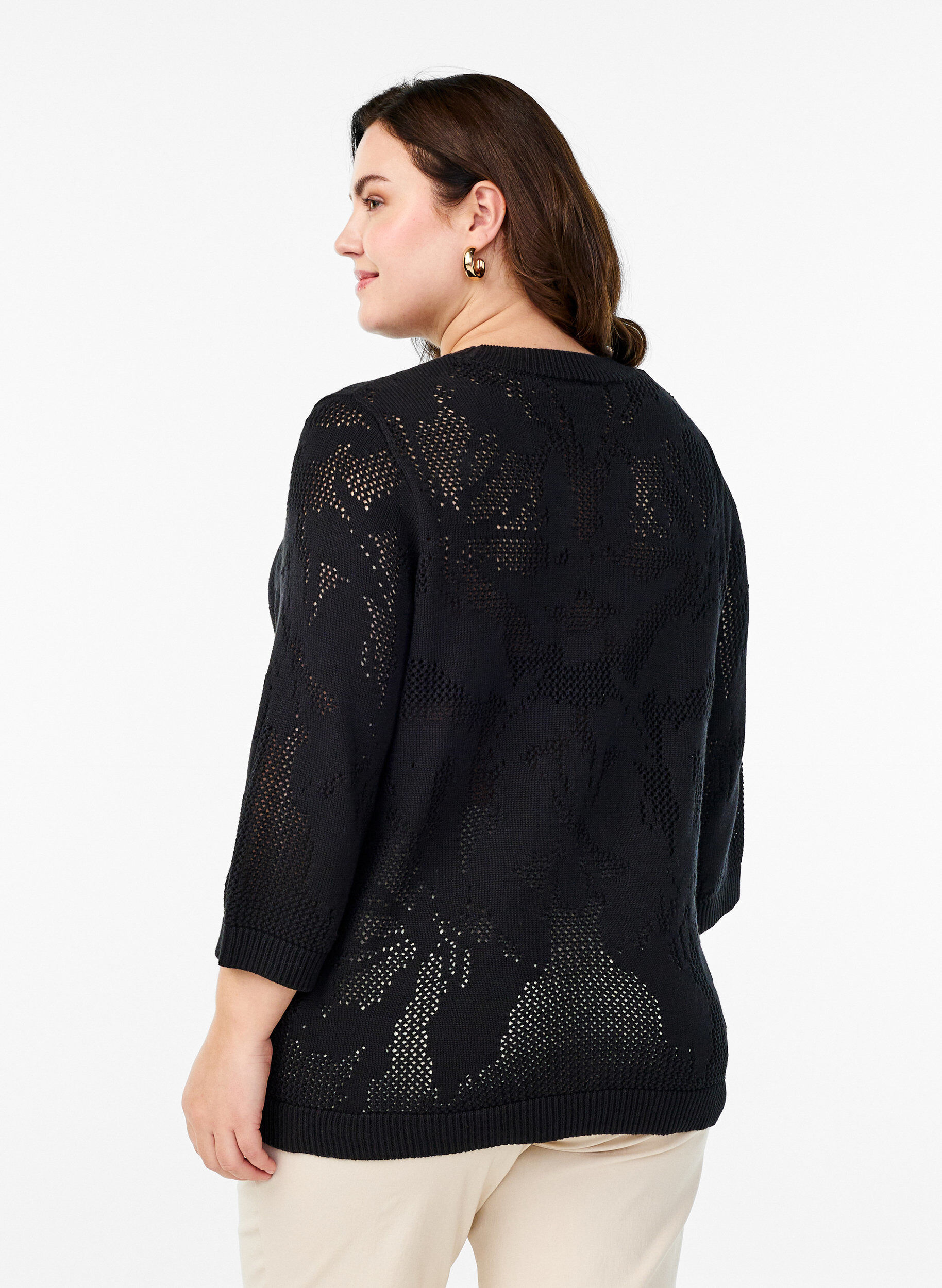 Zizzifashion Knit blouse with an openwork pattern and 3/4 sleeves, Black, Model image number 1
