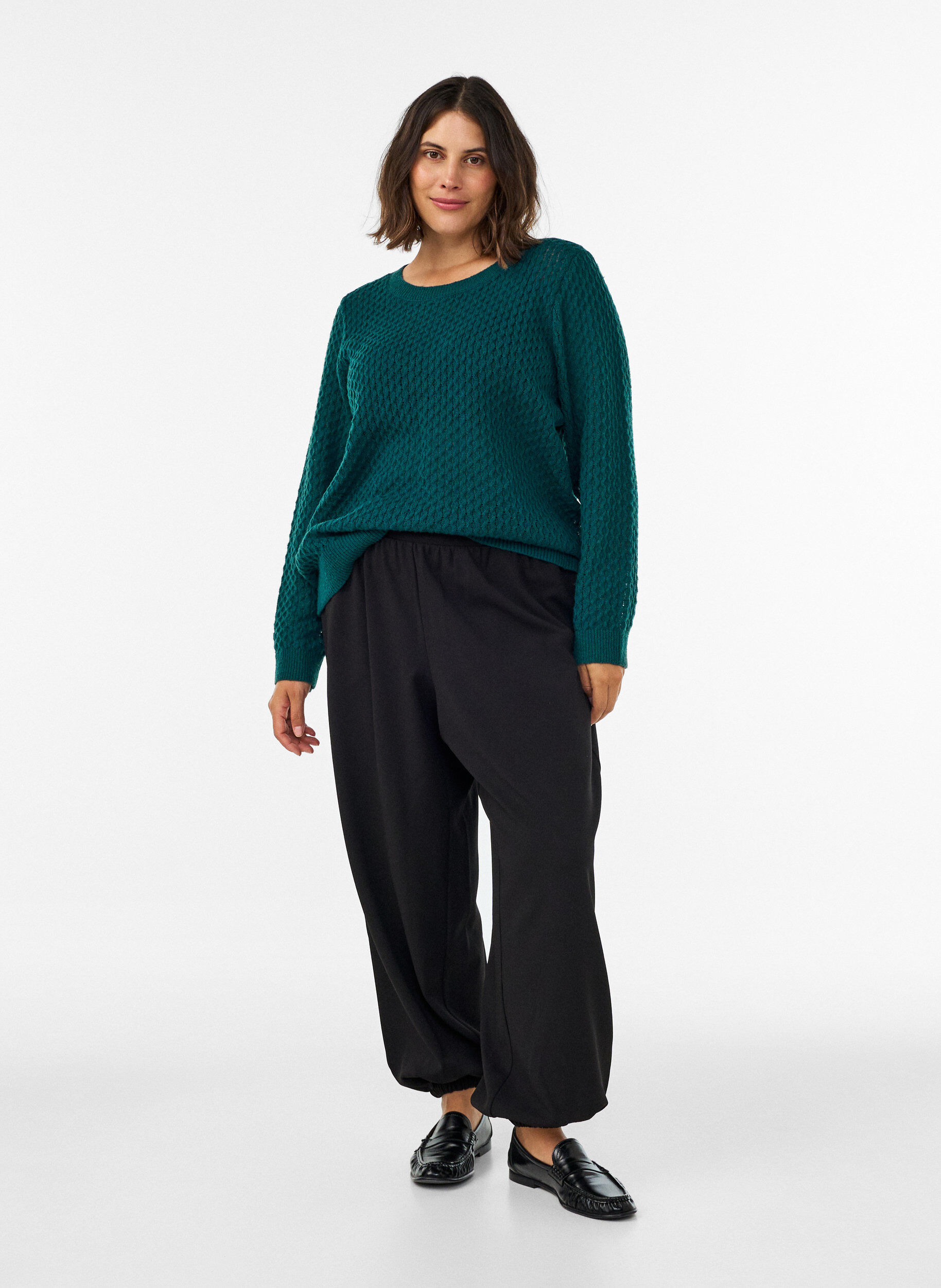 ZizzifashionKnitted blouse with a textured openwork pattern, Green, Model image number 1