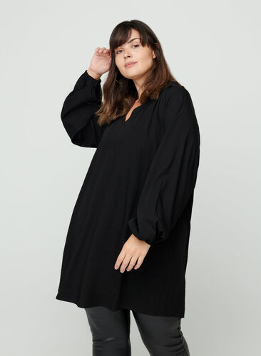 Long-sleeved tunic with a V-neck, Black, Model image number 0