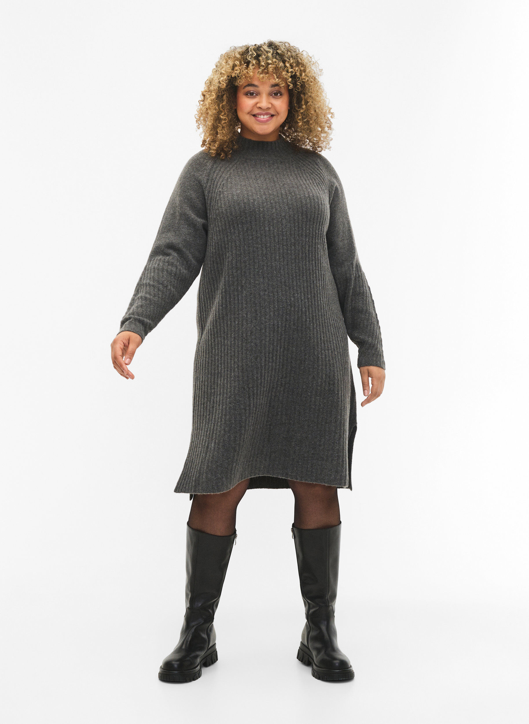 Zizzifashion Ribbed Knit Dress with Turtleneck, Dark Grey Melange, Model image number 2