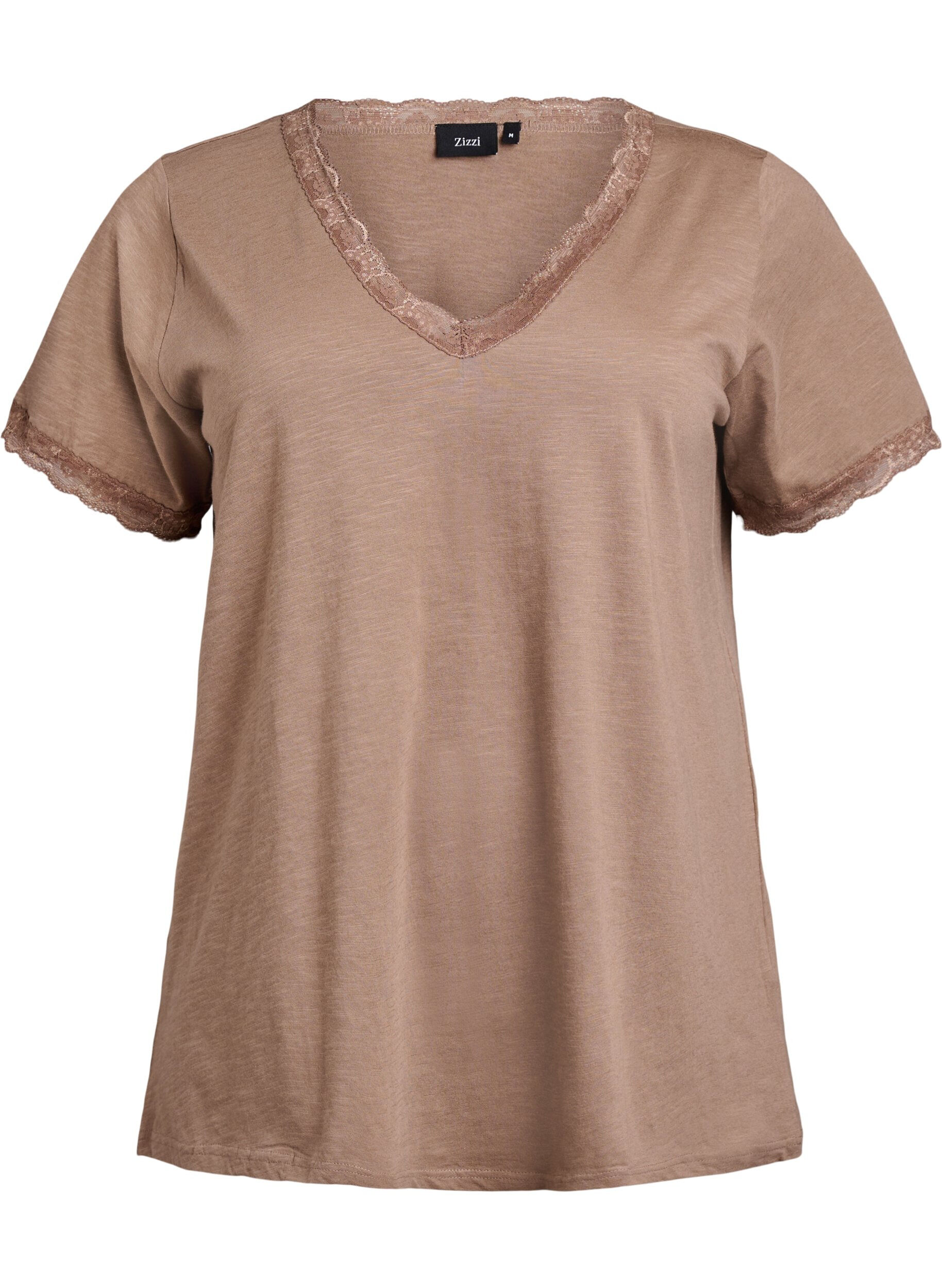 Zizzifashion T-shirt with lace trim, Brown, Packshot image number 0