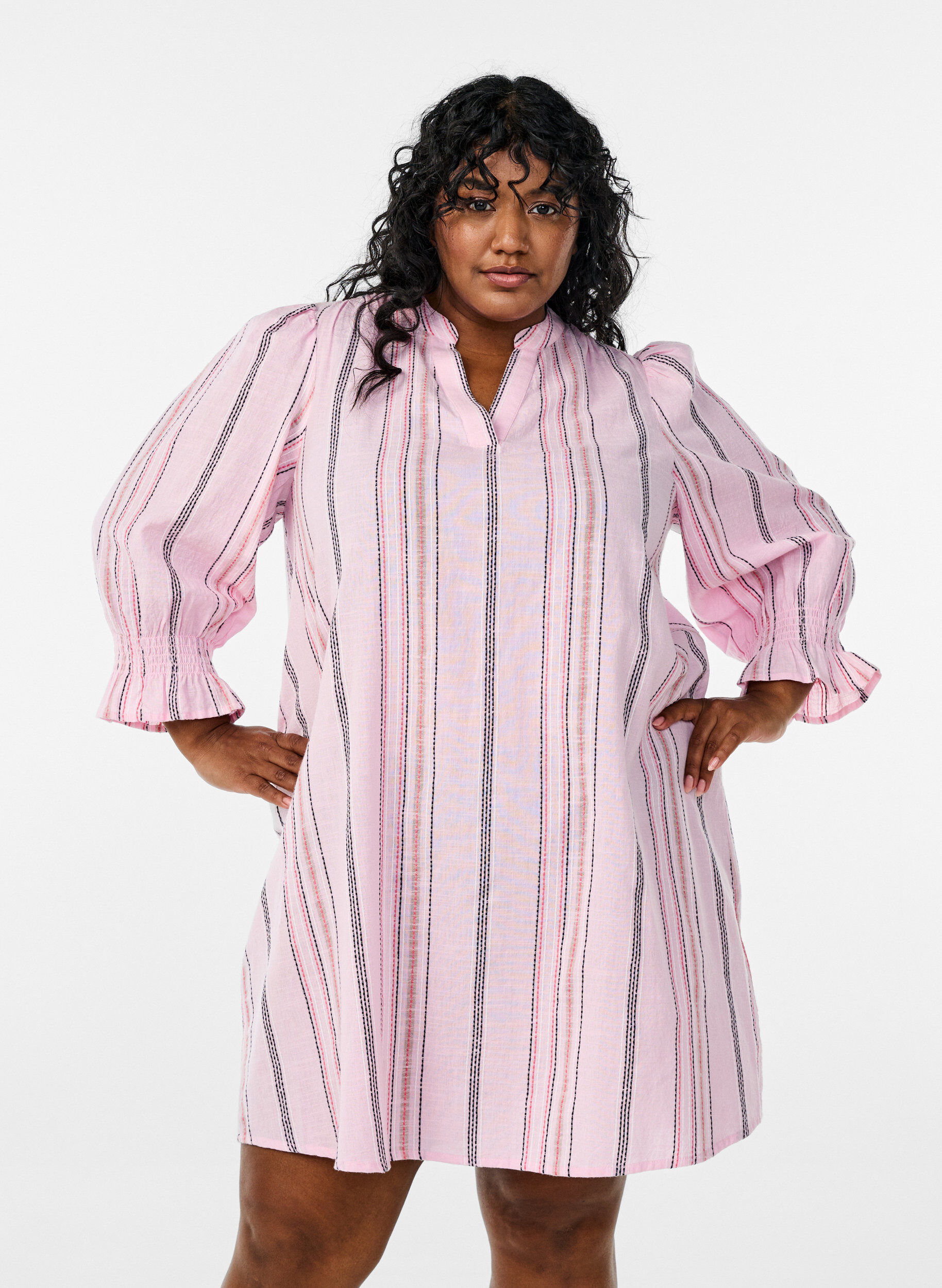 Short cotton dress with striped pattern, Rose, Model