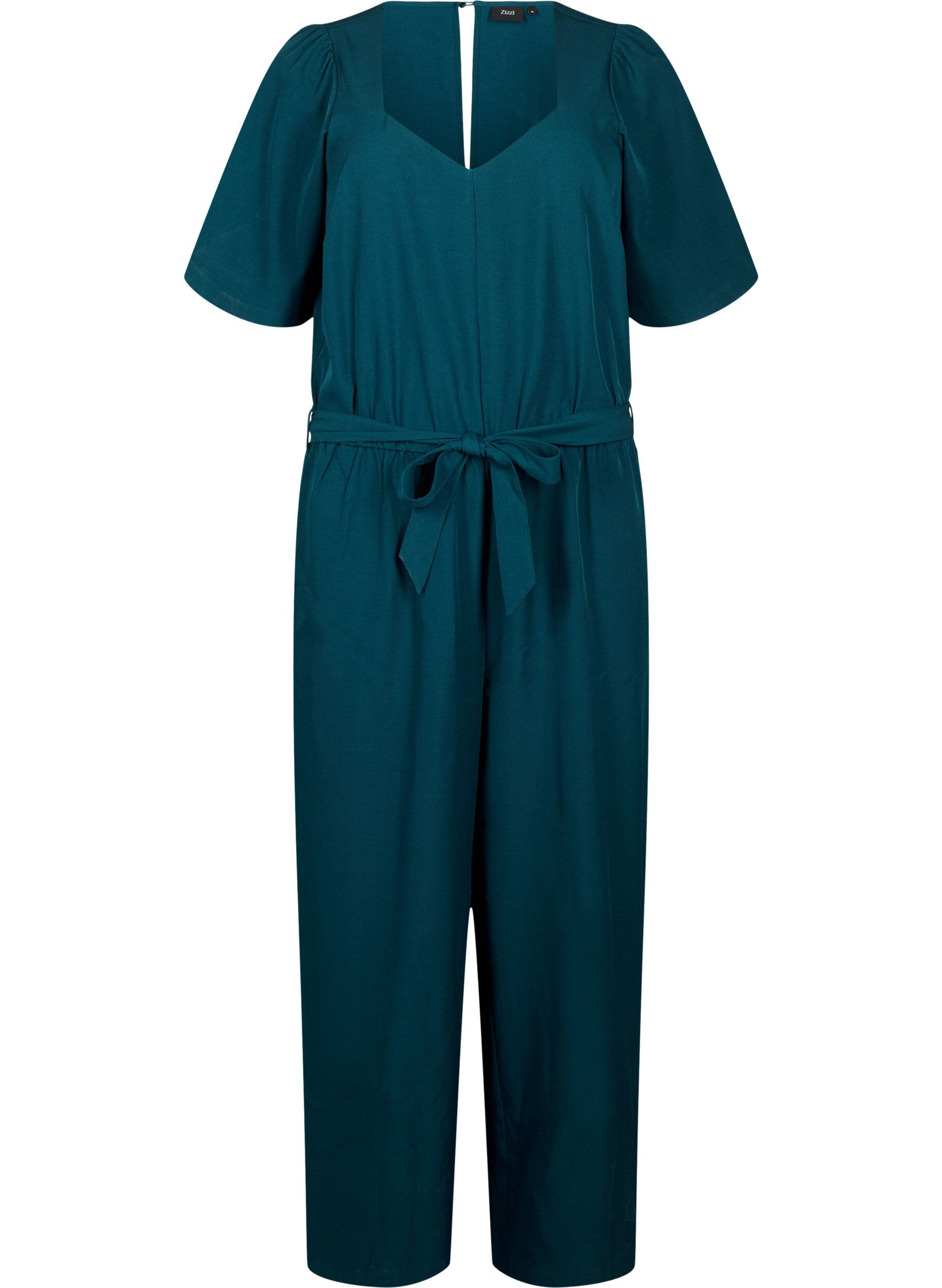 Zizzifashion Jumpsuit with belt and short sleeves, Sea Moss Melange, Packshot image number 0