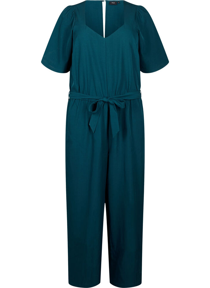 Jumpsuit with belt and short sleeves, Sea Moss Melange, Packshot image number 0