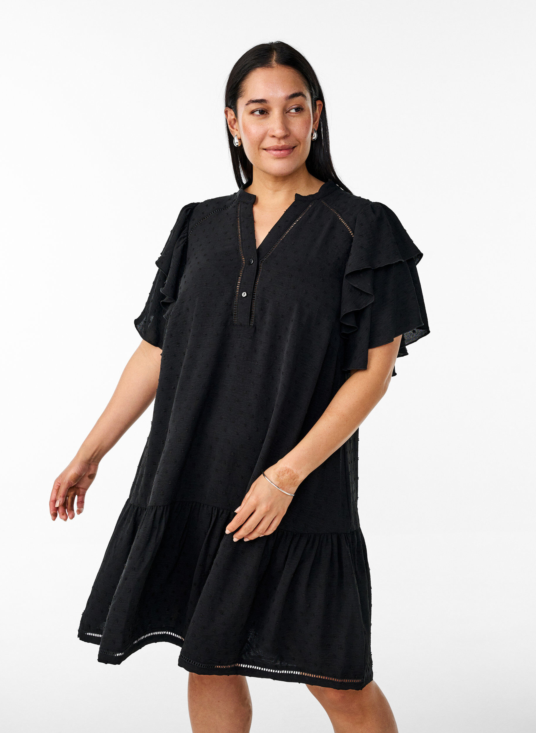 Zizzifashion Short dress with ruffle sleeves and dotted texture, Black, Model image number 0