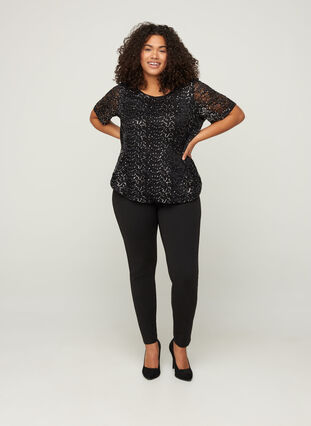 Short-sleeved lace blouse with sequins, Black, Model image number 2