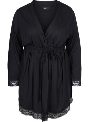 Viscose dressing gown with lace, Black, Packshot image number 0