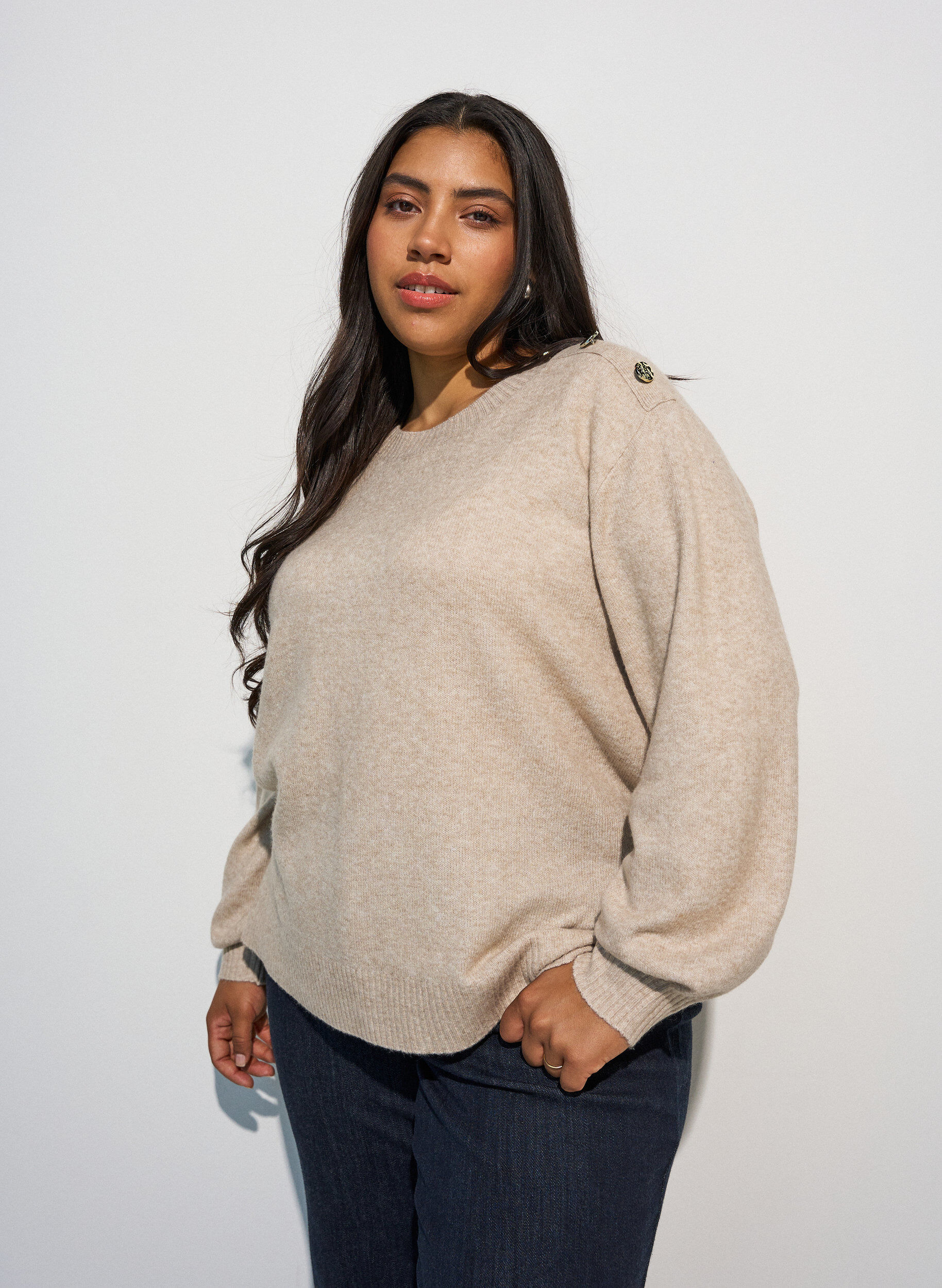ZizzifashionKnit blouse with button detail, Beige, Model image number 0