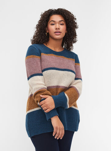 Striped knit sweater with wool and a round neckline, Rubber Stripe Comb, Model image number 0
