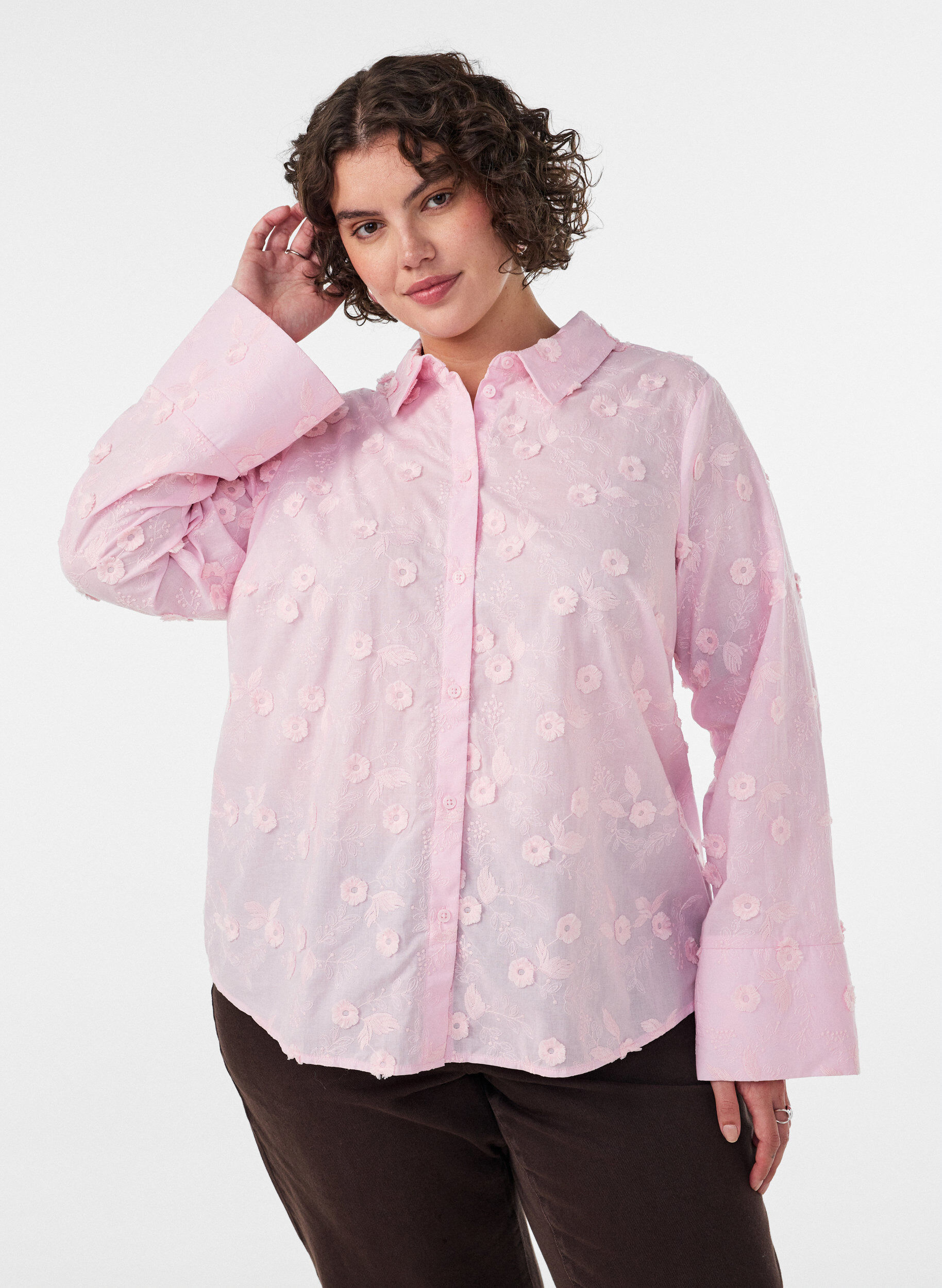 ZizzifashionShirt with floral embroidery and wide sleeves, Pink, Model image number 0