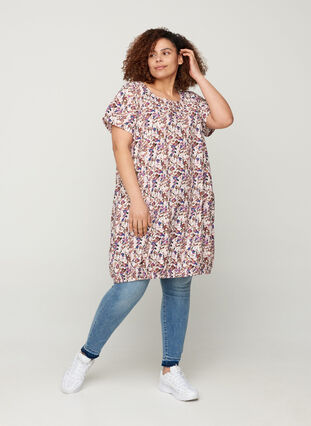 Short-sleeved, printed cotton dress, Powder Pink AOP, Model image number 2