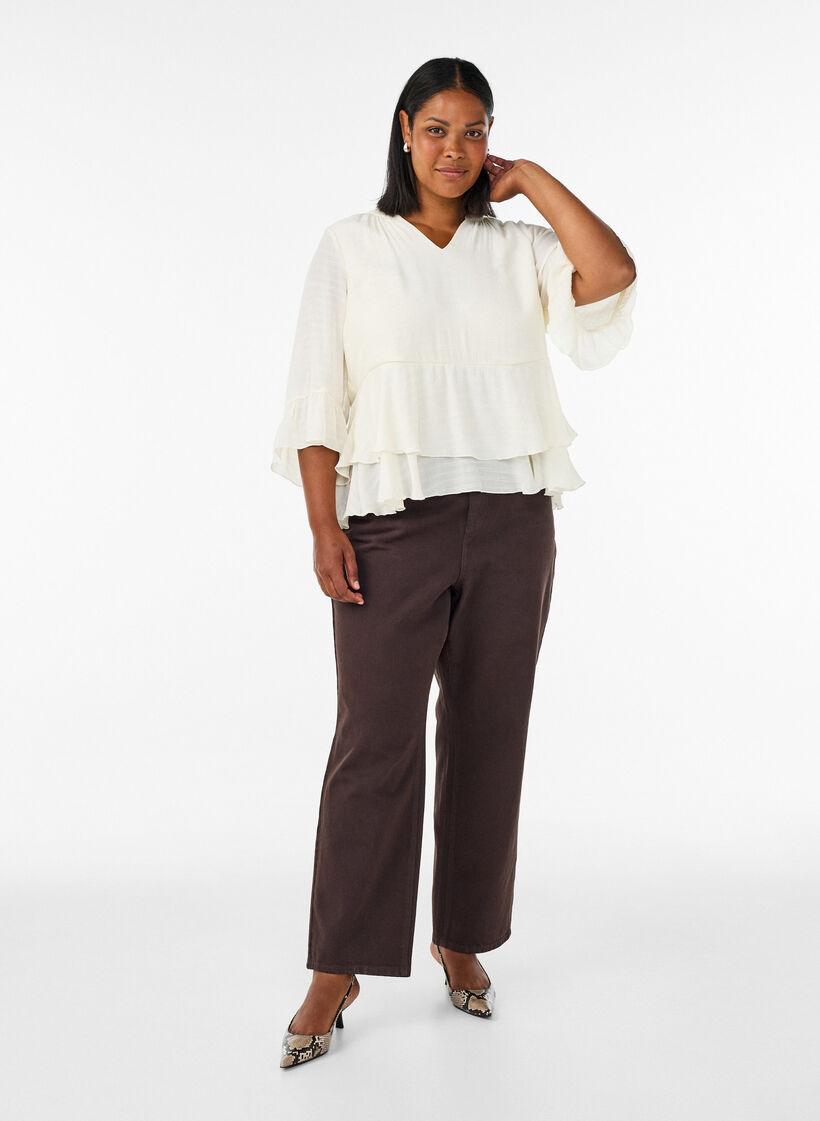 Blouse with 3/4-sleeves and ruffle details, Vanilla, Model image number 1