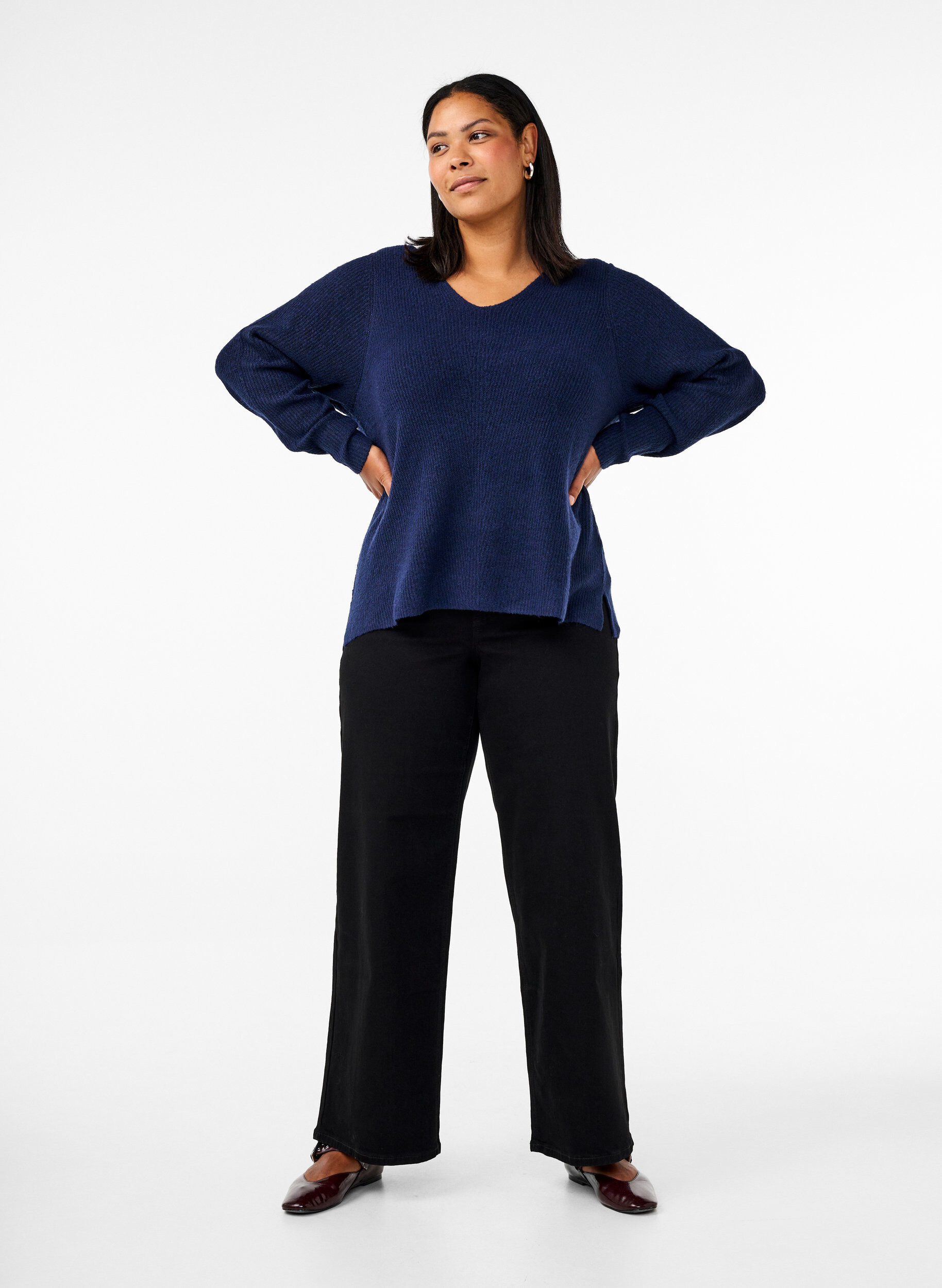 Zizzifashion Knitted blouse with v-neck and long sleeves, Naval A. Black Mel., Model image number 2