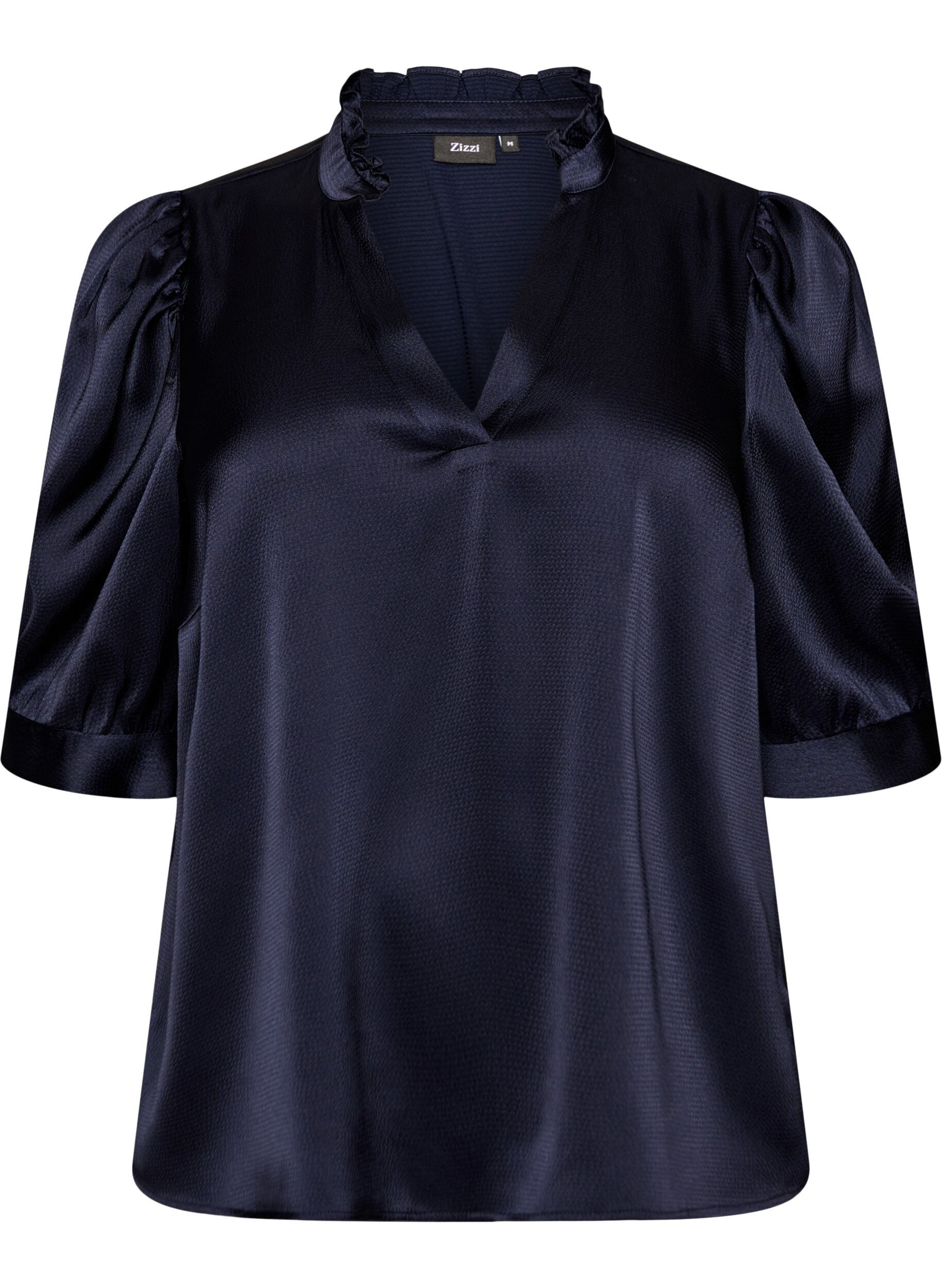 Zizzifashion Satin-look blouse with 1/2 sleeves and a ruffle collar, Blue, Packshot image number 0