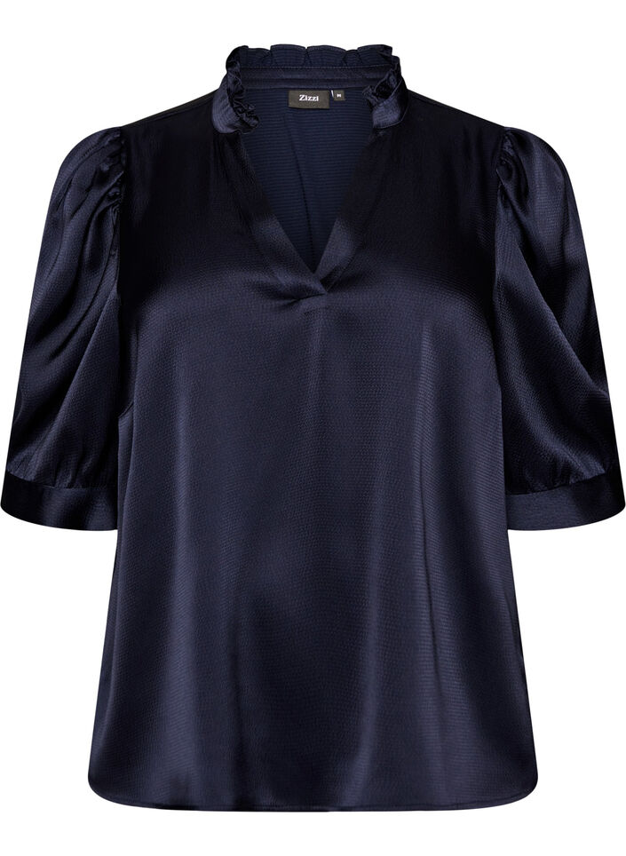 Satin-look blouse with 1/2 sleeves and a ruffle collar, Blue, Packshot image number 0