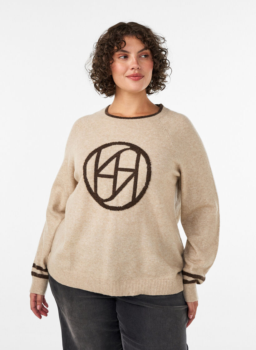 Jumper with logo and contrast stripes, Beige, Model image number 0