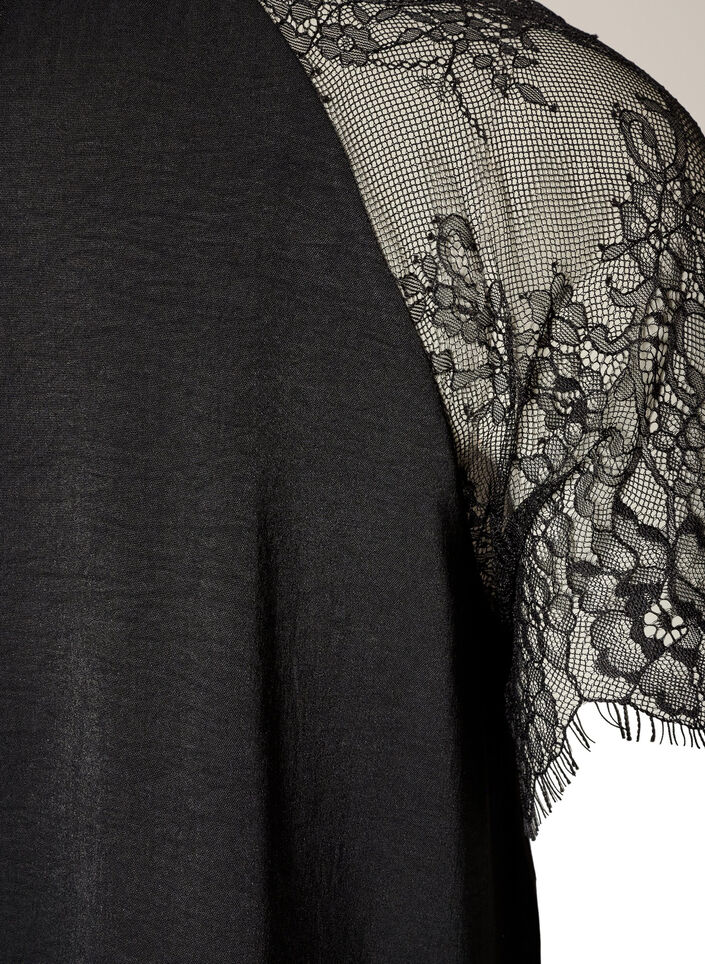 Blouse with short lace sleeves and high neck, Black, Packshot image number 3