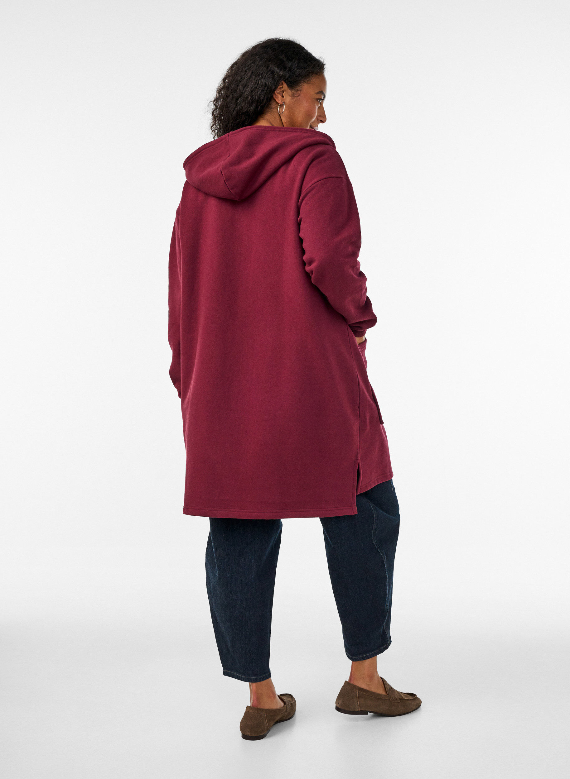 ZizzifashionLong hooded cardigan with zipper, Red, Model image number 2