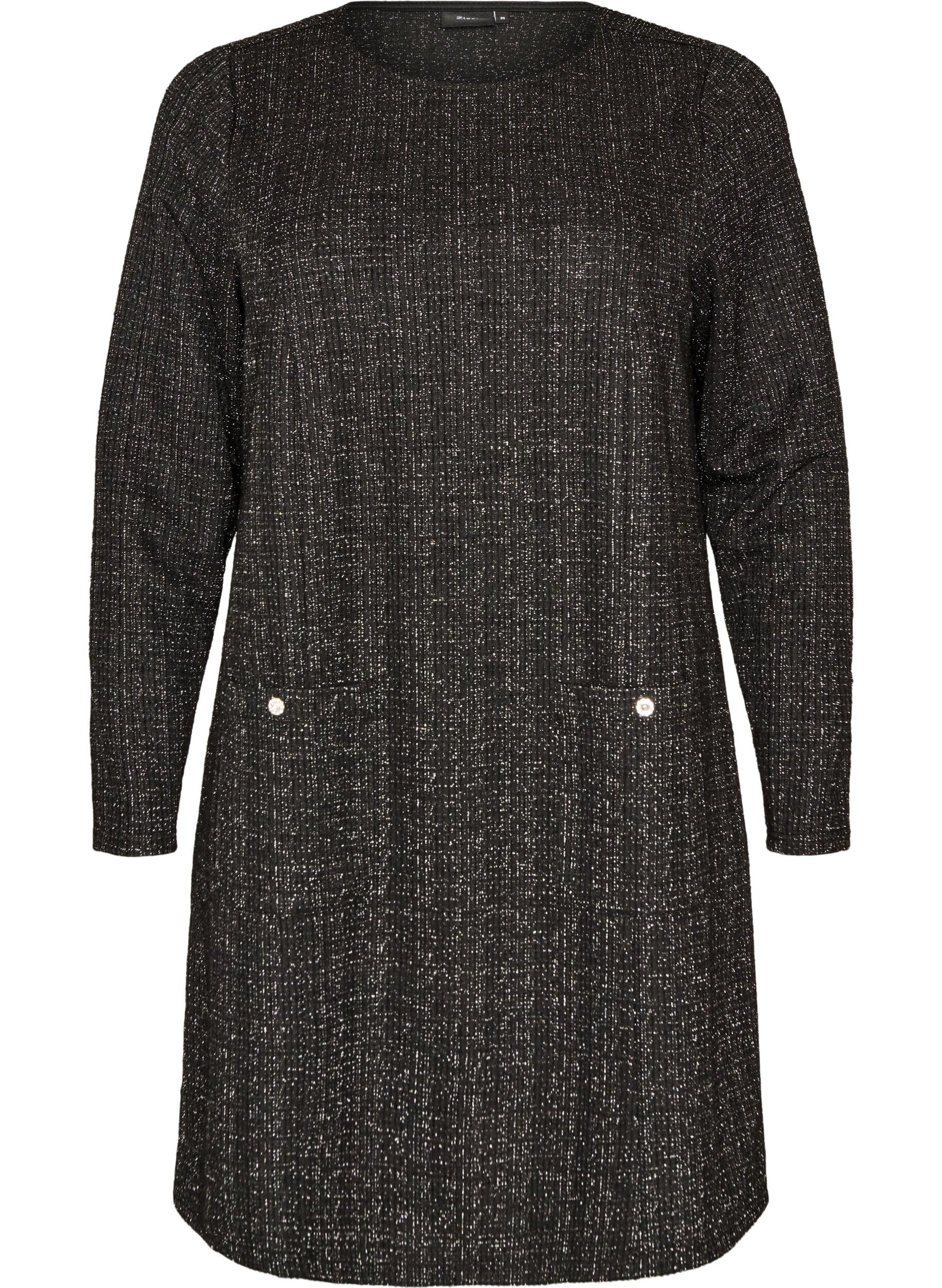 ZizzifashionShort dress with a boucl&eacute; texture and glitter threads, Black, Packshot image number 0