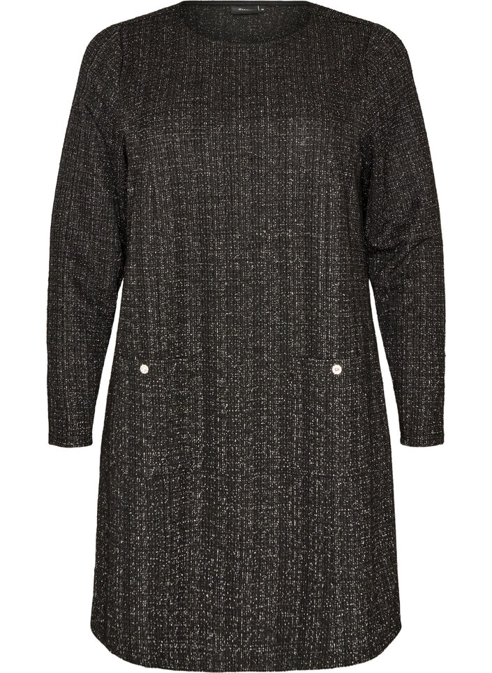 Short dress with a boucl&eacute; texture and glitter threads, Black, Packshot image number 0