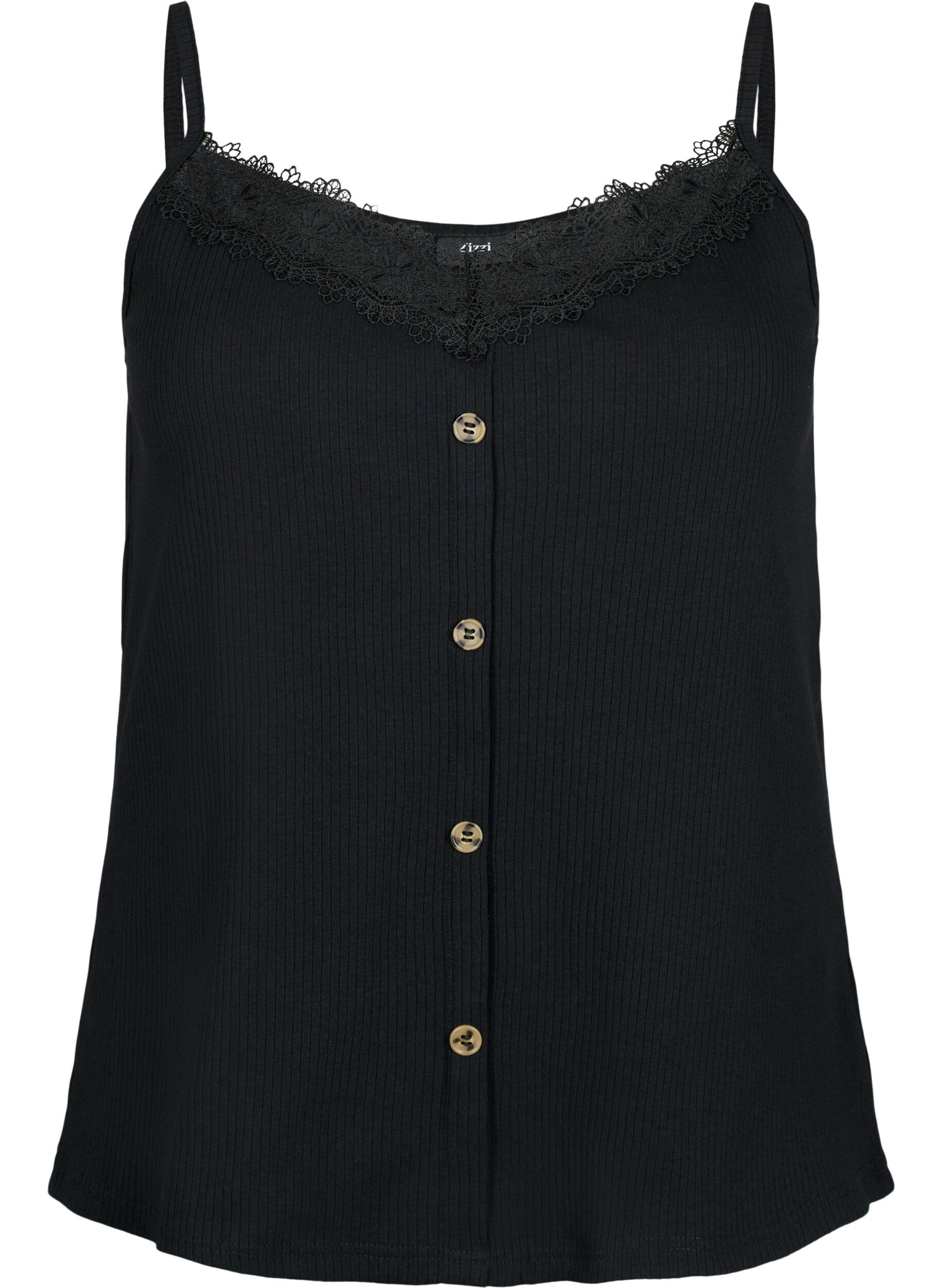 Zizzifashion Strap top with lace trim and buttons, Black, Packshot image number 0