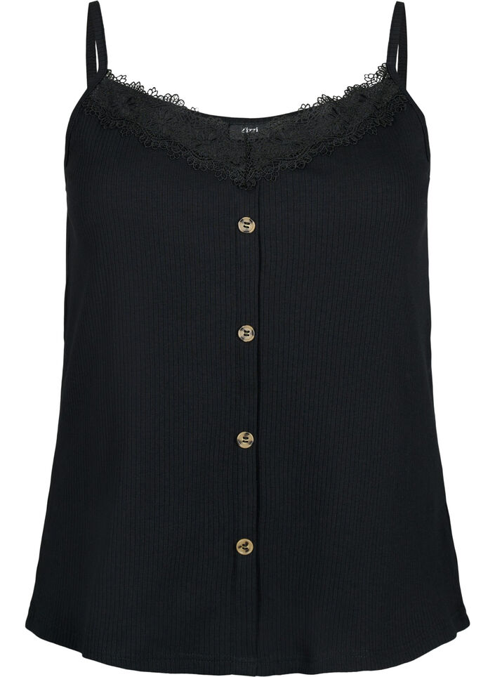 Strap top with lace trim and buttons, Black, Packshot image number 0
