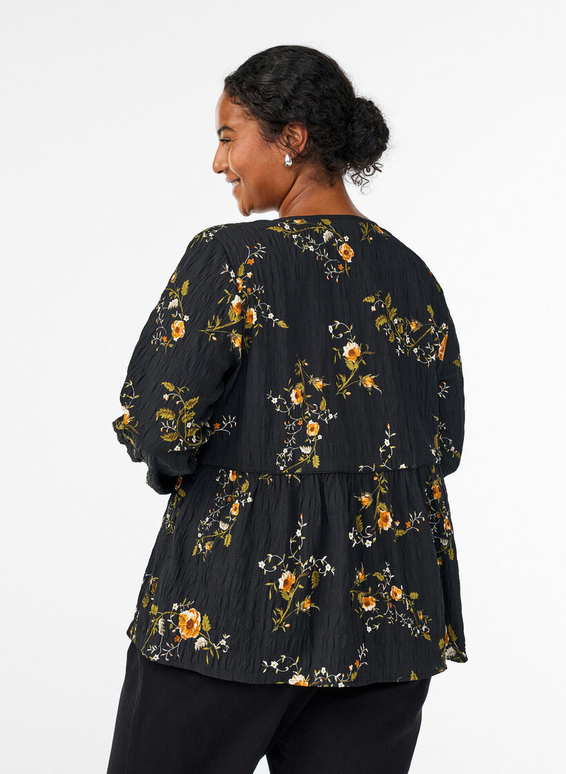 Long-sleeved blouse with floral print, Black, Model image number 2