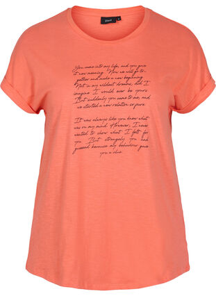 T-shirt with print in organic cotton, Living Coral Text, Packshot image number 0