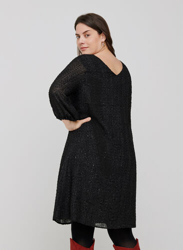 A-line dress with 3/4 length sleeves, Black, Model image number 1