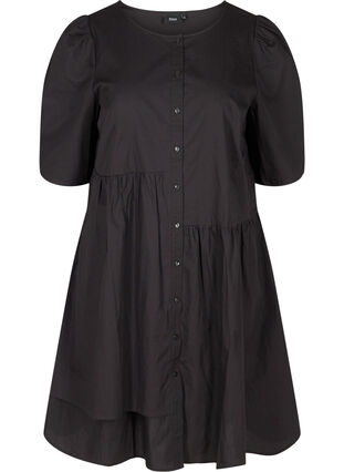 Cotton shirt dress with puff sleeves, Black, Packshot image number 0