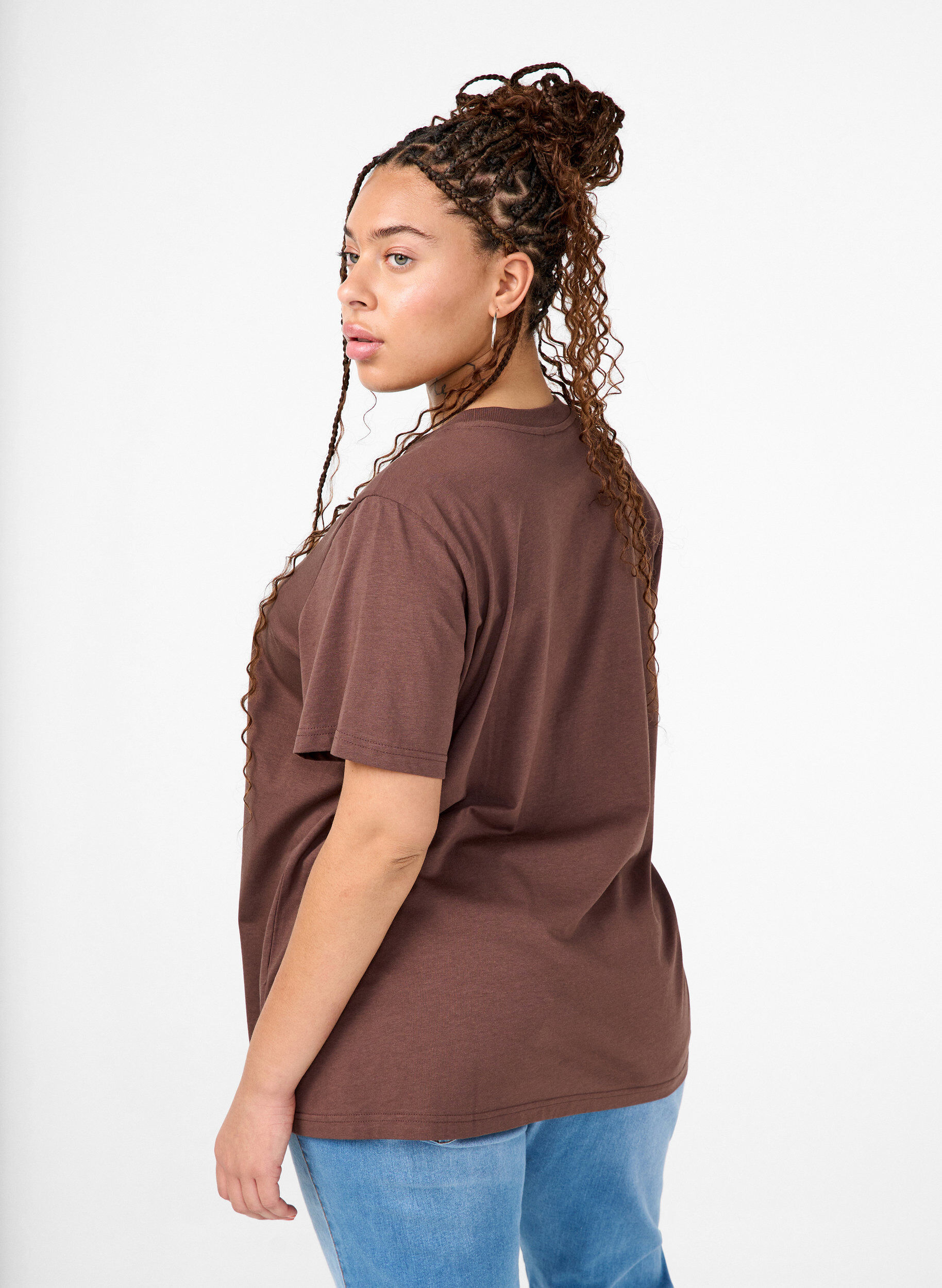 Zizzifashion Basic cotton T-shirt with round neck, Brown, Model image number 2