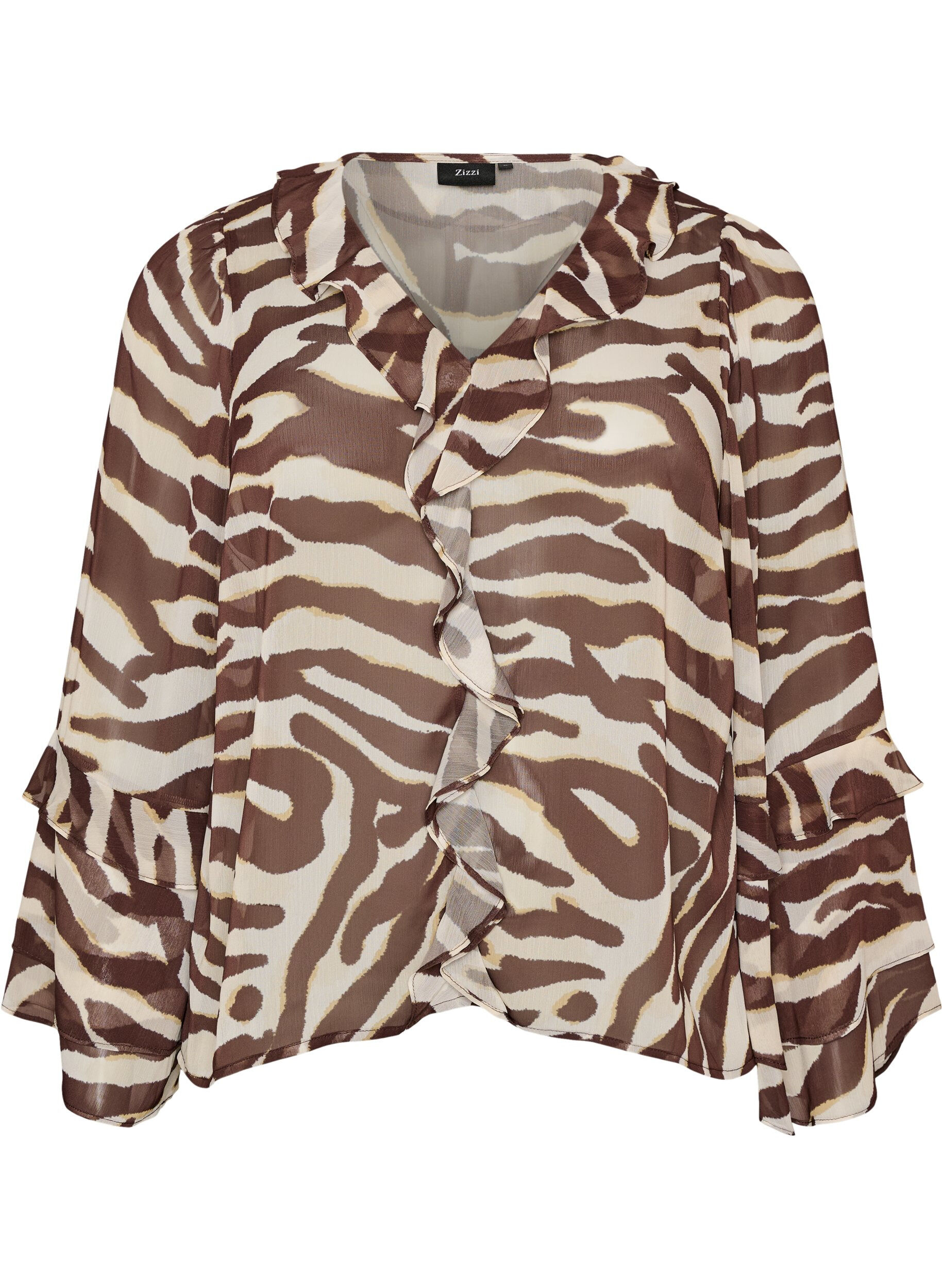 ZizzifashionChiffon blouse with zebra print and ruffles, Brown, Packshot image number 0