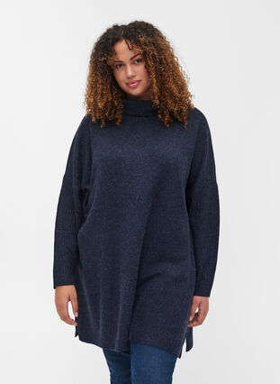Marled, roll neck knitted poncho with slits, Night Sky Mel., Model image number 0