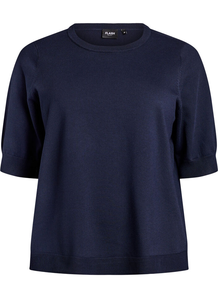 Fine-knit blouse with short sleeves, Blue, Packshot image number 0