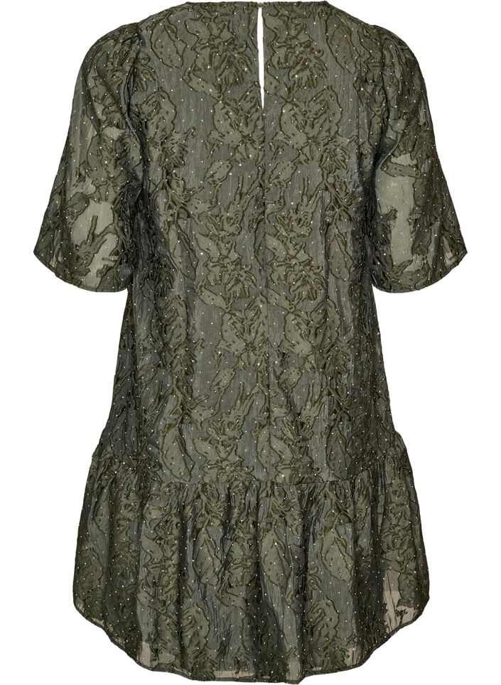 Jacquard dress with sparkly details and puff sleeves, Green, Packshot image number 1