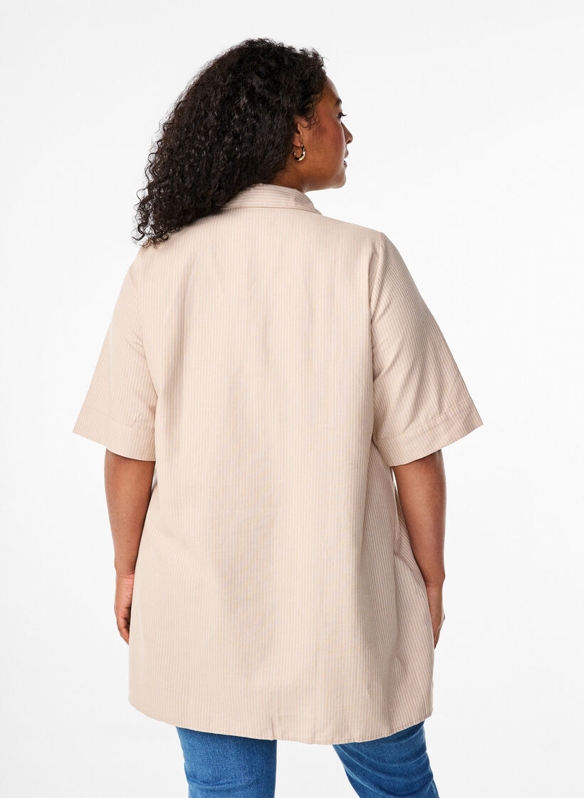 Striped tunic with buttons and chest pockets, Beige, Model image number 2