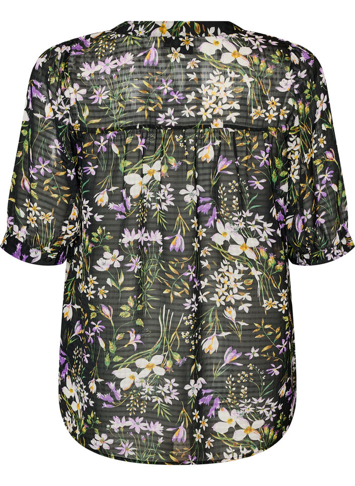 Blouse with floral print and V-neck, Black, Packshot image number 1