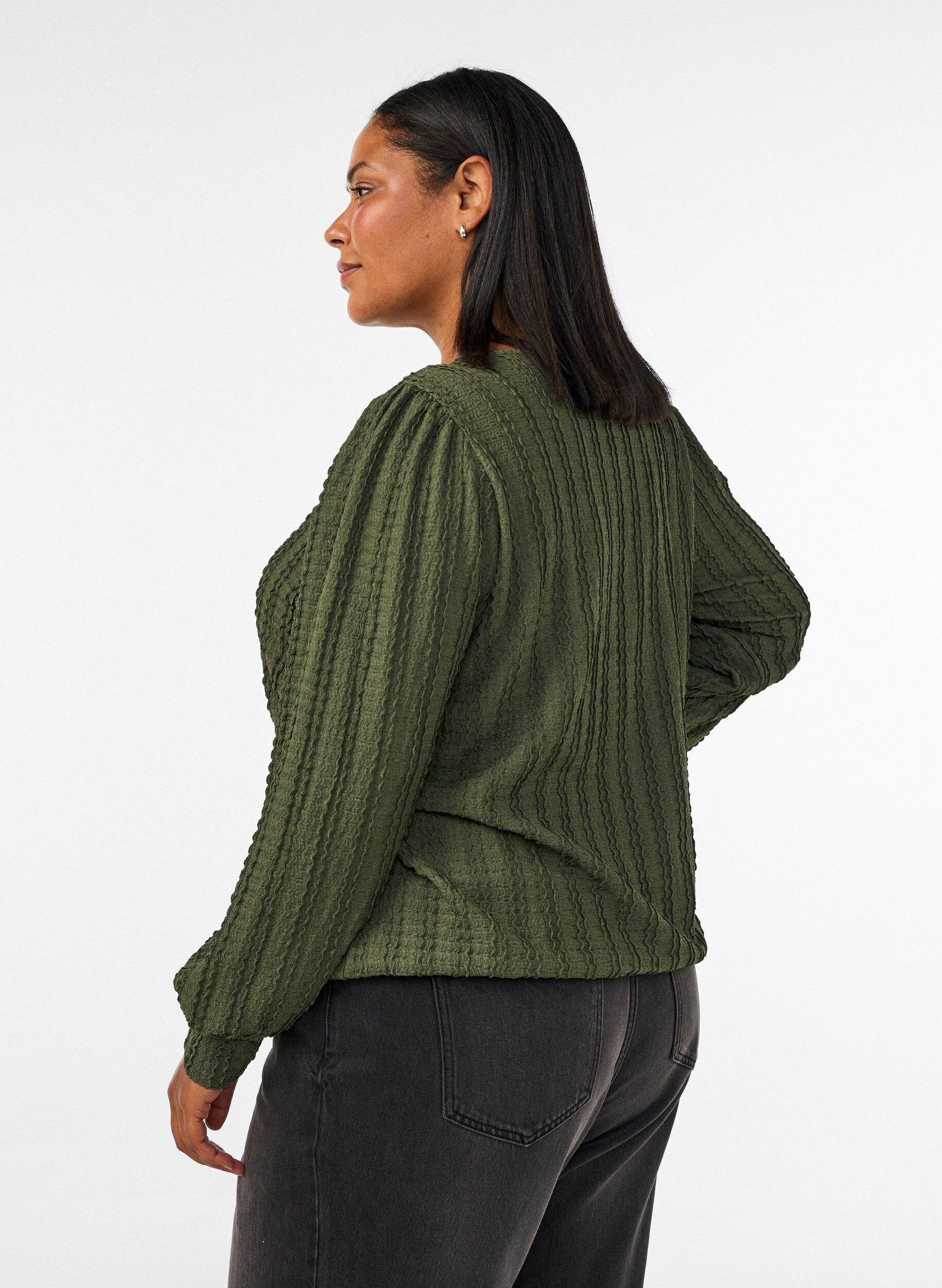 ZizzifashionTextured jersey blouse with a balloon silhouette, Green, Model image number 2