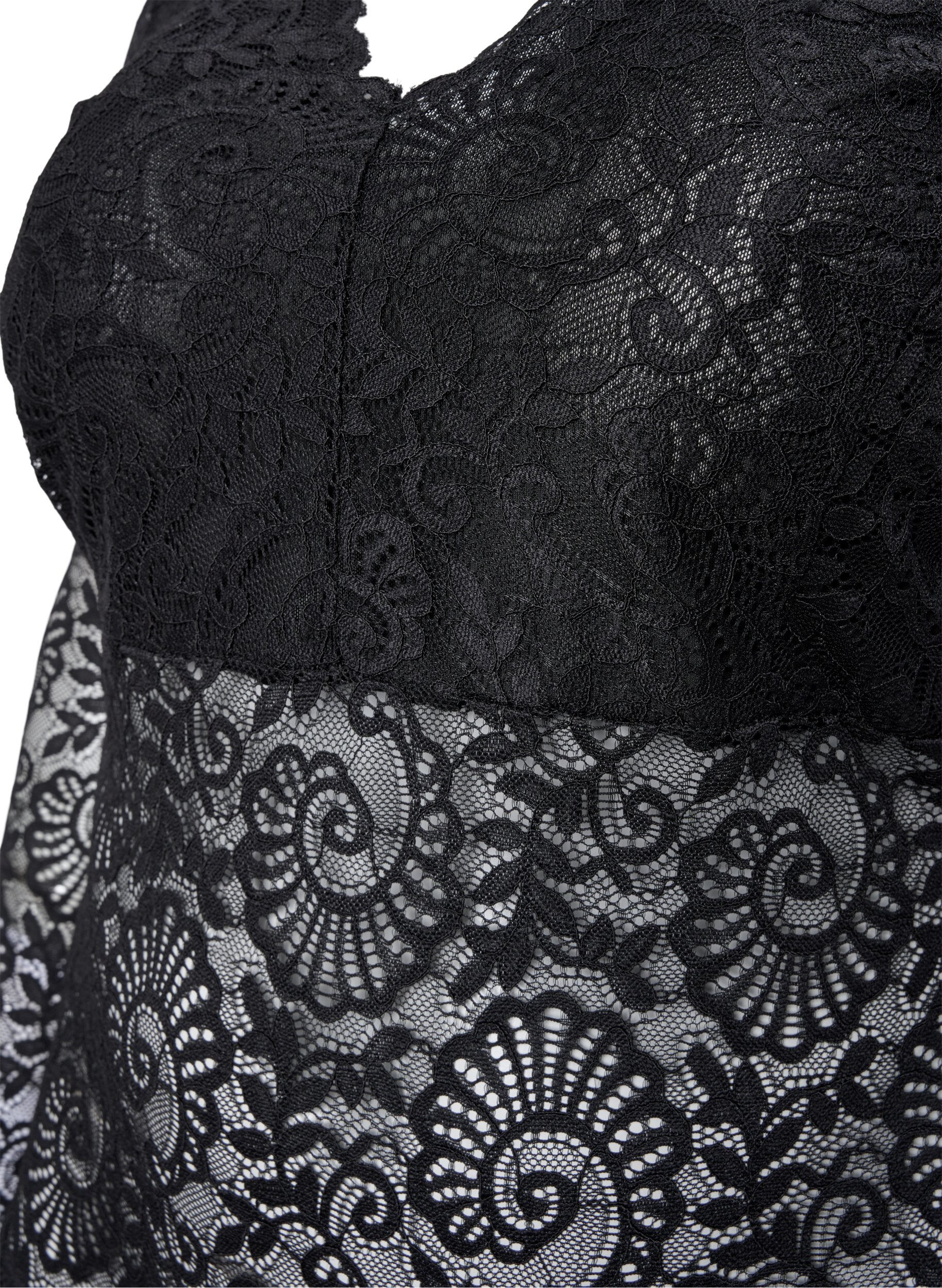 Zizzifashion Long-sleeved lace bodystocking with v-neck, Black, Packshot image number 3