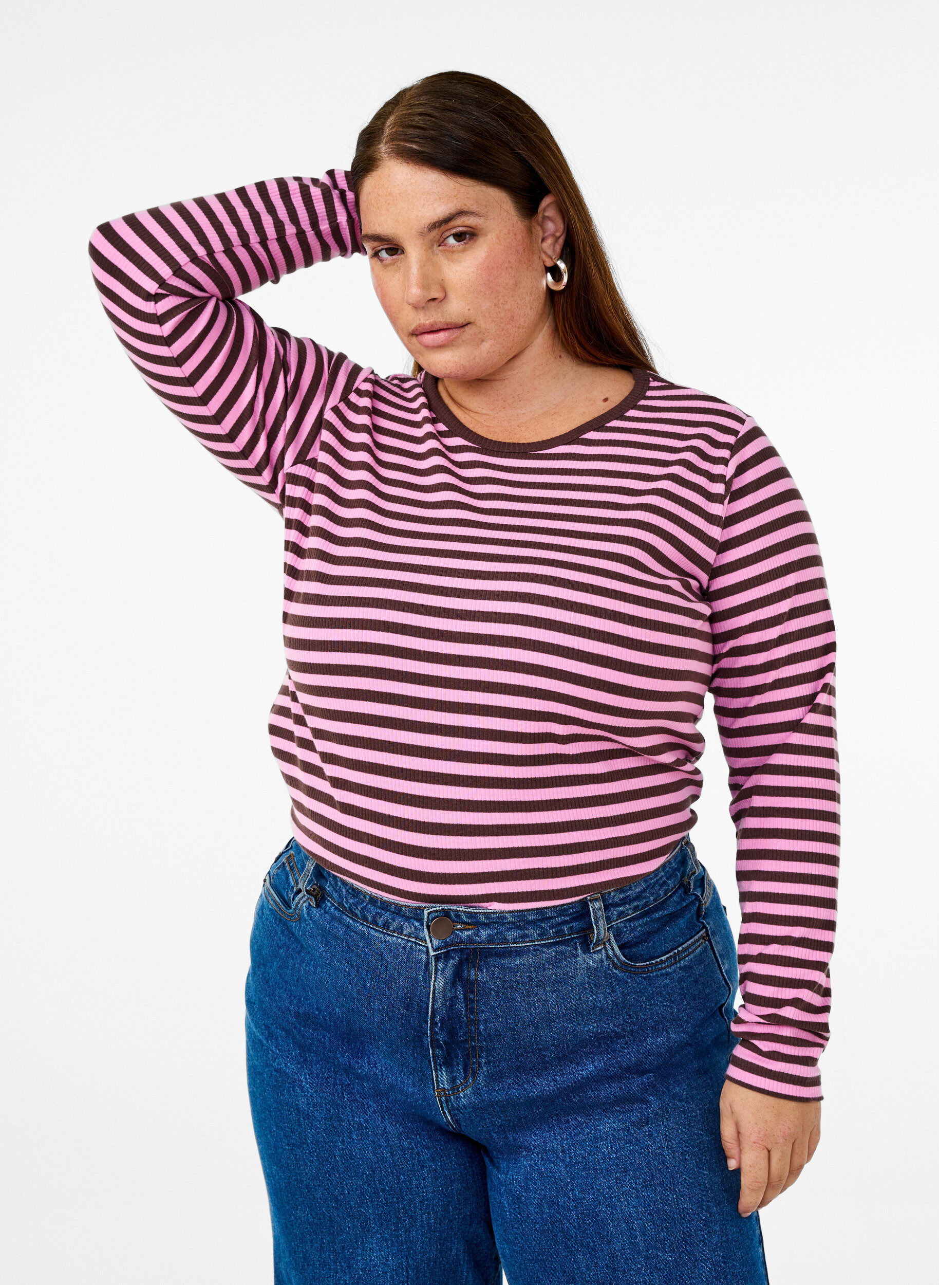 Zizzifashion Striped blouse with long sleeves, Pink, Model image number 0