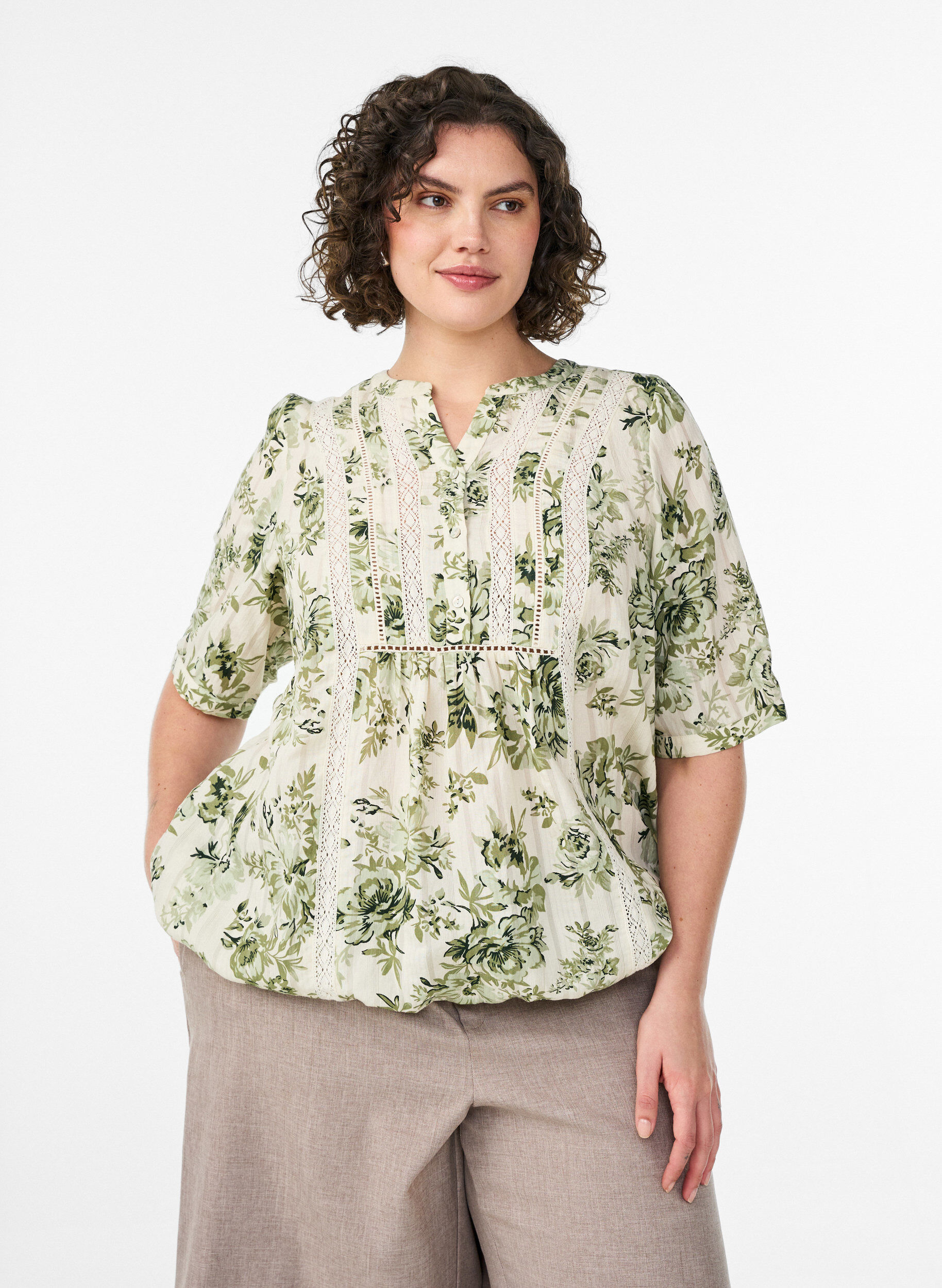 Zizzifashion Blouse with print and 1/2 sleeves, Green, Model image number 0