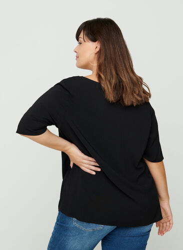 Viscose blouse with a V-neck and lace, Black, Model image number 1