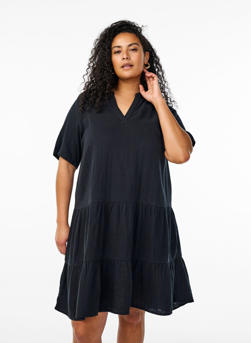 Short A-line dress in cotton muslin, Black, Model image number 0