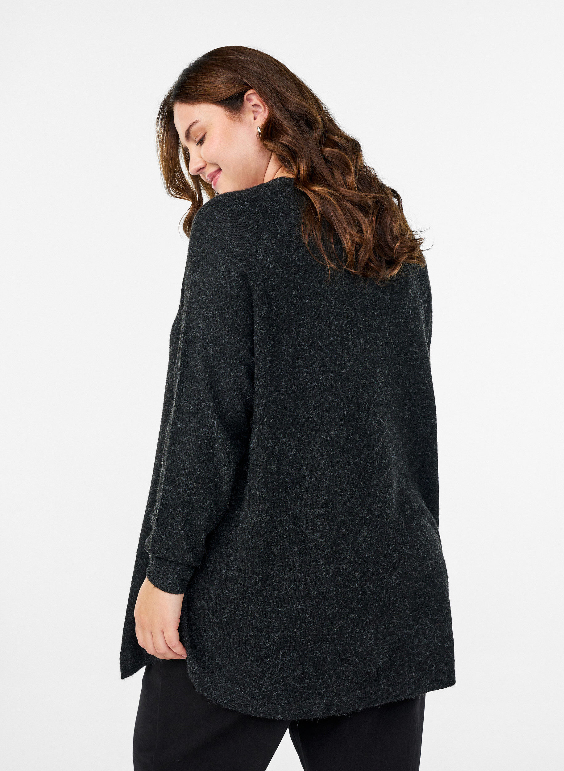 ZizzifashionLong knitted blouse with ball buttons, Dark Grey, Model image number 2