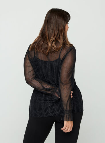 Slightly transparent blouse with lurex, Black w. Silver, Model image number 1