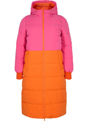 Long winter jacket with colour block, Pink W/Orange, Packshot image number 0