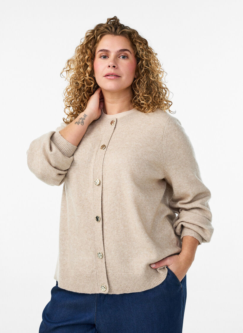 Cardigan in soft knit with gold-coloured buttons, Beige, Model image number 0