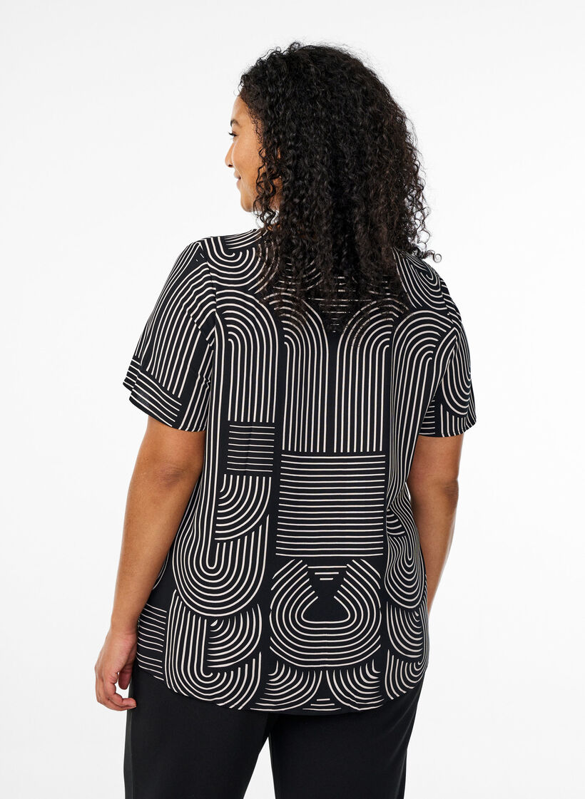 FLASH - Short sleeve viscose blouse with print, Black, Model image number 2