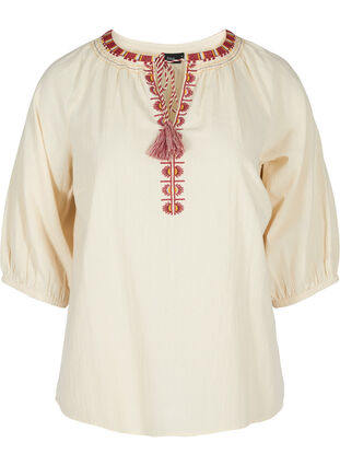 Cotton blouse with embroidery and 3/4 sleeves, Mother Of Pearl, Packshot image number 0